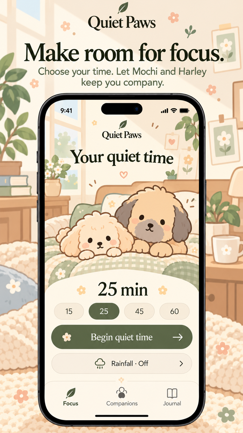 Quiet Paws iPhone concept showing cartoon Mochi and Harley, 15 to 60 minute session choices, and Begin quiet time