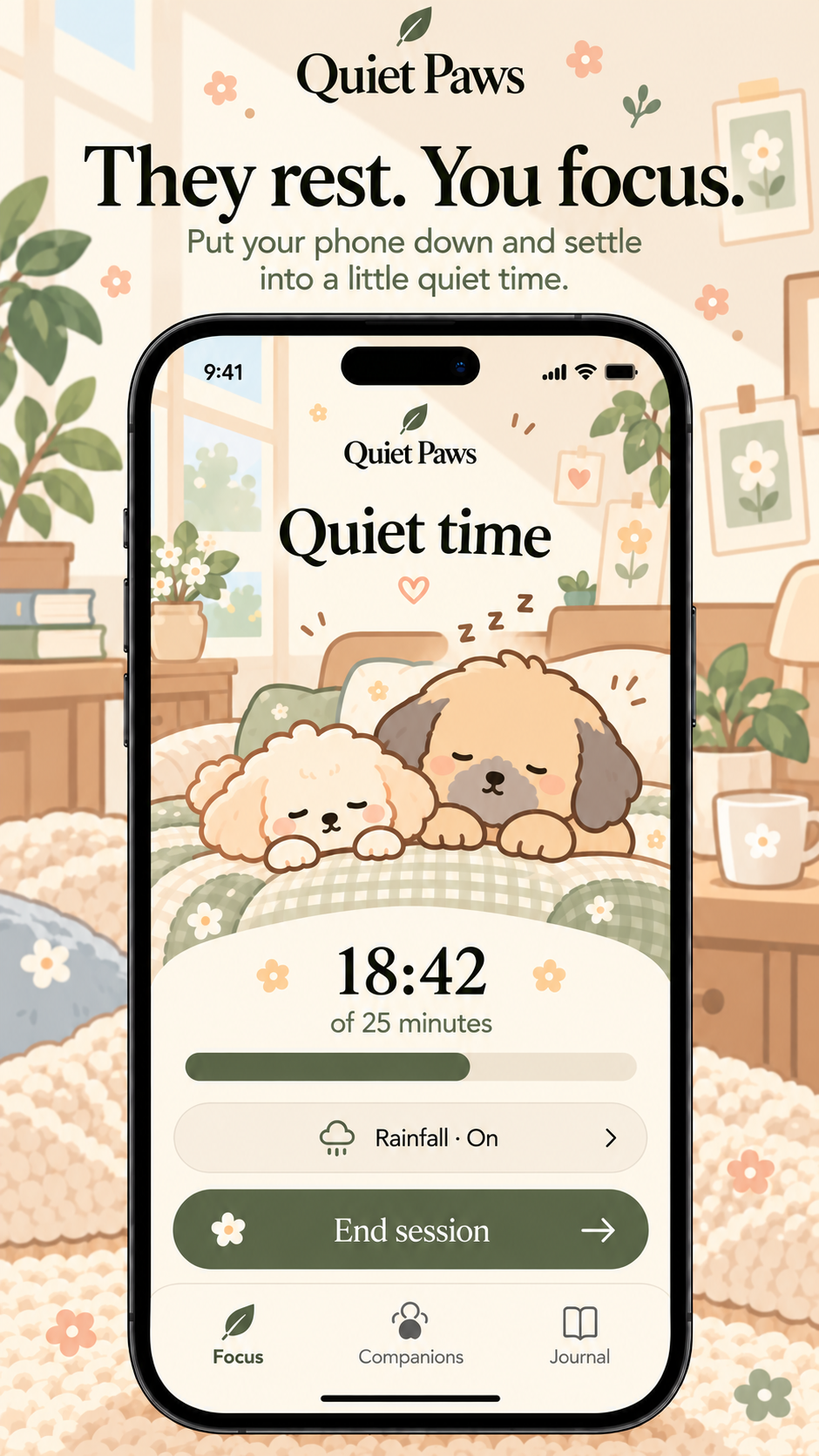 iPhone concept showing an active 18:42 focus countdown, sleeping cartoon Mochi and Harley, and rainfall sound controls