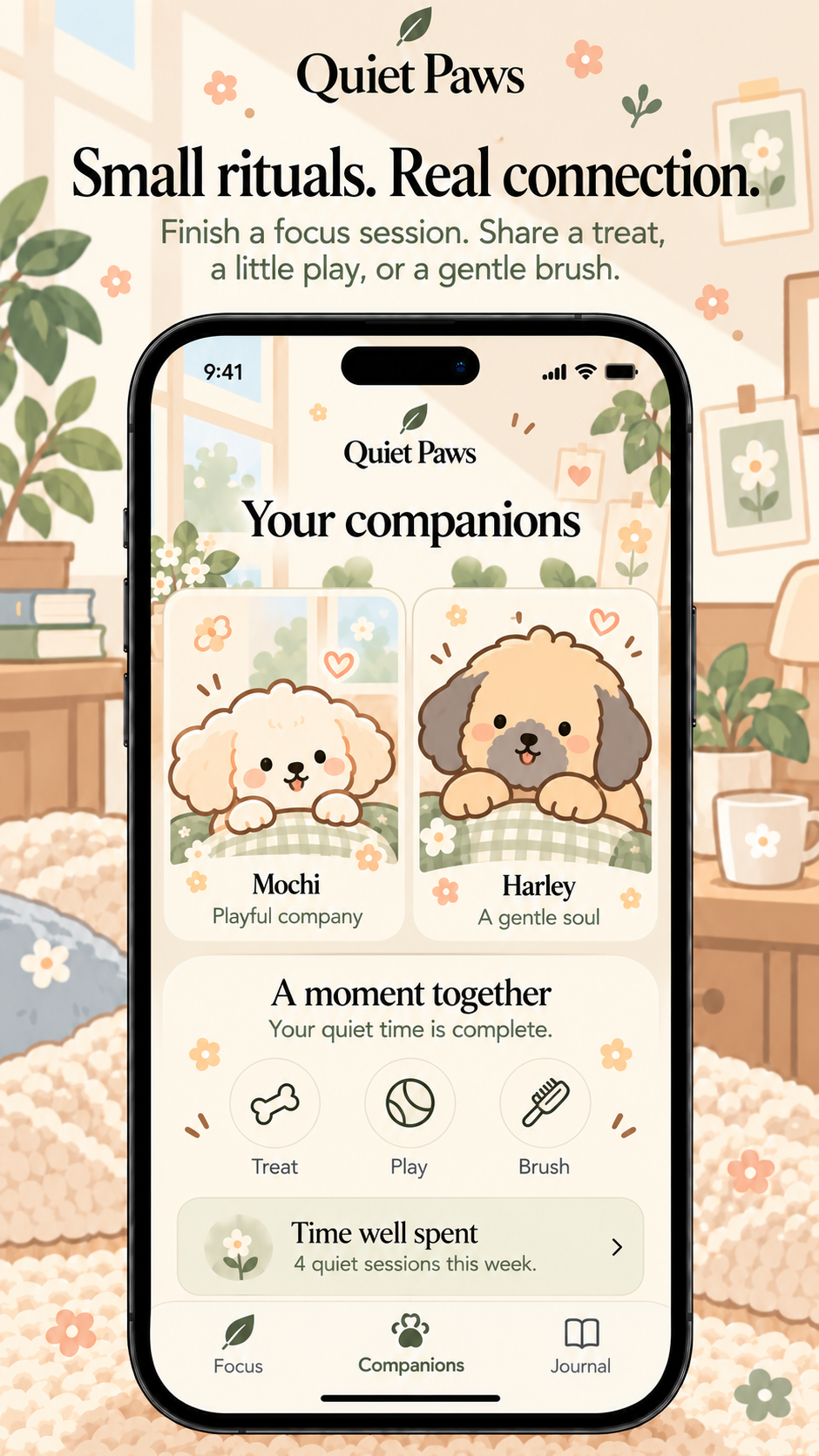 Quiet Paws companion screen concept with named kawaii portraits of Mochi and Harley, Treat, Play and Brush actions, and a weekly session summary